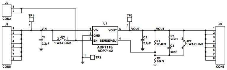 ADP7118UJ-EVALZ, TSOT Evaluation Board for Evaluating the ADP7118 20V, 200mA Low Noise, CMOS LDOs