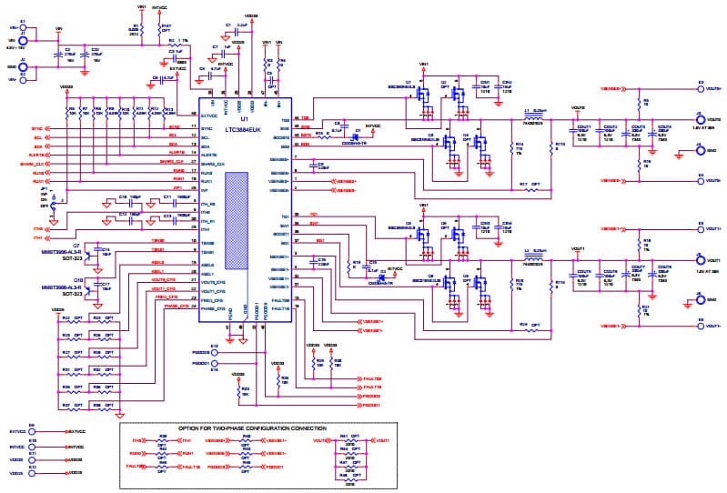 DC2165A, Demo Board for LTC3884EUK Dual PMBUs Buck with 4.5V = Vin = 14V, Vout0/Vout1 = 0.5V to 1.8V @ 30A