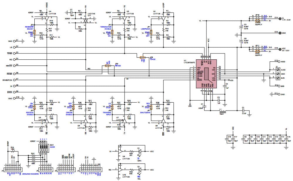 DC2364A, Demo Board for LTC2873 Single Bus RS232/RS485 Multiprotocol Transceiver with Integrated Termination