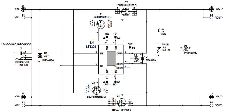 DC1823B, Demo Board for LT4320IDD 1.2kW Ideal Diode Bridge Full-Wave Rectifier with Vin = 12V to 24VAC @ 1.5A Iout