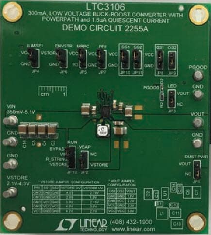 DC2255A, Demo Board for LTC3106EUDC with 0.35V = VIN = 5.1V, Vout = 1.8/2.2/3.3/5V @ 300mA Buck-Boost Converter