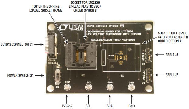 DC2450A-A, Demo Board for LTC2936 QFN-24 Package Programming Board for Programmable Hex Voltage Supervisor with EEPROM