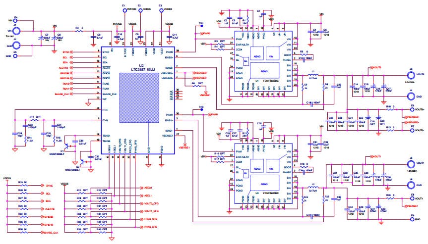 DC2394A, Demo Board for LTC3887EUJ-1 (DCR Sense) PMBUs Buck with DrMOS, 7V = VIN = 14V, Vout0/Vout1 = 0.8V to 1.8V @ 30A