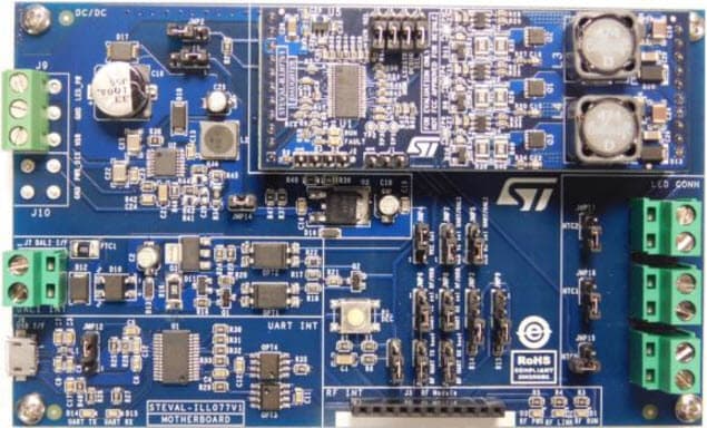 STEVAL-ILL077V1, 60W digital 3-LED channel Evaluation Board with STNRG388A controlled current regulation and dimming