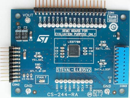 STEVAL-ILL035V2, Multi-channel LED driver Evaluation Board with integrated boost controller for medium/large LCD panel backlight based on LED7708