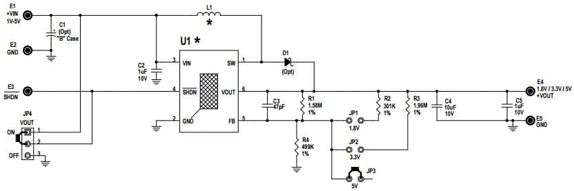 DC1053A-A, Demo Board Using LTC3526EDC, 0.8 to 5.5 Vin, 1.8/3.3/5 Vout @ 100mA High Efficiency Synchronous Boost Converter