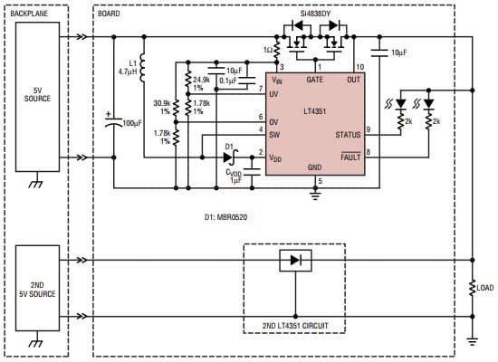 A Low Loss Replacement for an OR-ing Diode for Dual LT4351 5V ORed supply