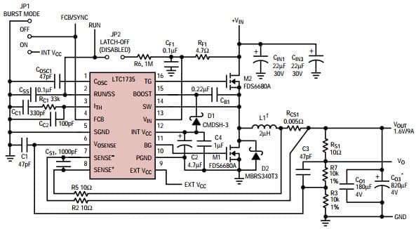 Third-Generation DC/DC Controllers Reduce Size and Cost for High efficiency 1.6V/9A CPU power supply