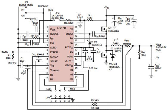 Third-Generation DC/DC Controllers Reduce Size and Cost for High efficiency, VID programmable, 0.9V-2V/12A CPU power supply