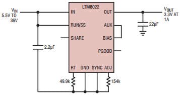 Module Regulator Shrink Power Supply Size and Design Effort Produce 3.3V at 1A with LTM8022 and just four passive components