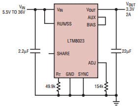 Module Regulator Shrink Power Supply Size and Design Effort for LTM8023 produces 3.3V at 2A with the same footprint and components required for the LTM8022 producing 1A