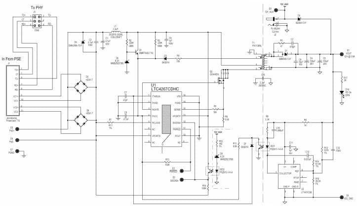 DC1145A, Demo Board based on LTC4267 Power over Ethernet (PoE) with 12V Isolated Supply