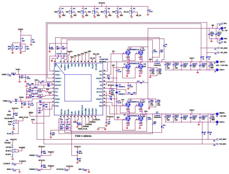 DC2229A-A, Demo Board based on LTC3877 Dual Buck Controller with DCR sensing, 6V = VIN = 14V, Vout1 is VID Prog from 0.6V to 1.23V @ 30A, Vout2 is 1.5V @ 30A