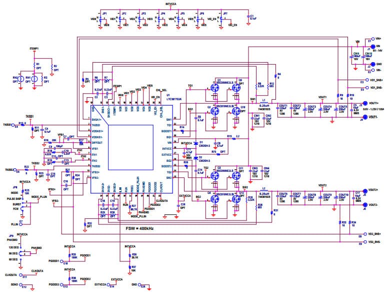 DC2229A-B, Demo Board based on LTC3877/LTC3874, 4-Phase Buck Controller with VID Inputs, DCR sensing, 6V = VIN = 14V, Vout = 0.6V to 1.23V at 120A