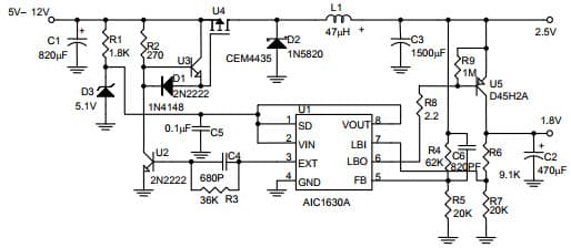 High Side Driver for Buck Converter with AIC1630A+LDO for P-MOSFET Application Circuit