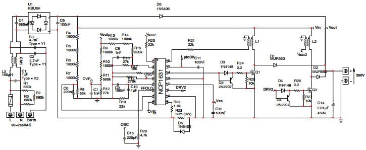 Application Schematic of a 300W Interleaved PFC Stage Driven by the NCP1631