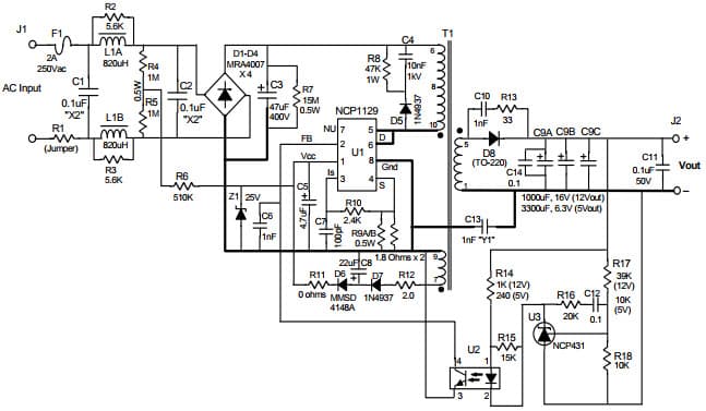 DN05043/D, Universal AC Input, 5 V or 12 V Output, 20 Watt Power Supply Design Note