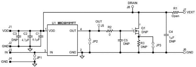 MIC5019YFT EV, Evaluation Board for the MIC5019 Ultra-Small High-Side N-Channel MOSFET Driver with Integrated Charge Pump