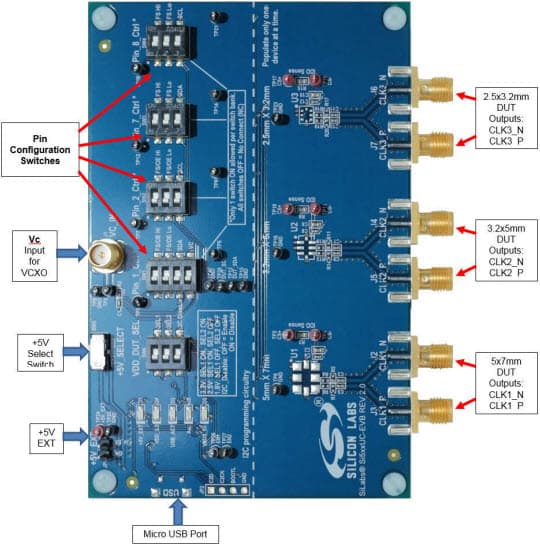 SI5XXUC-EVB, Evaluation Board designed to evaluate any of pin-controlled or I2C configurable Si5xx XOs or VCXOs