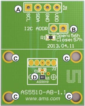 AS5510-WLCSP-AB, Adapter Board based on AS5510 10-bit Linear Incremental Position Sensor with Digital Angle output