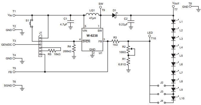 W-6238EVAL1, Evaluation Board for W-6238 10-LED Boost Converter