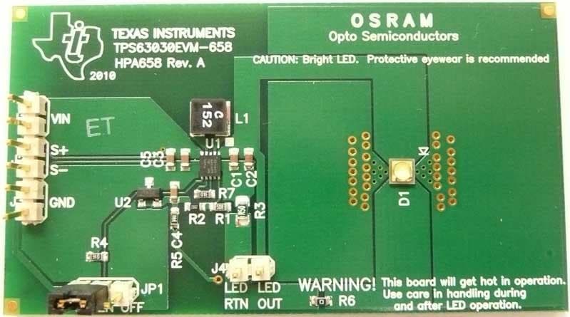 TPS63030EVM-658 contains the TPS63030 buck-boost converter, configured with external components to regulate current through a WLED