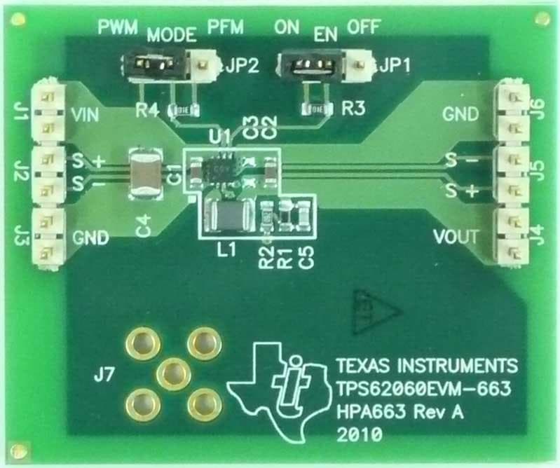 TPS62060EVM-663 is a fully assembled and tested platform for evaluating the performance of the TPS62060 1.6-A step-down converter