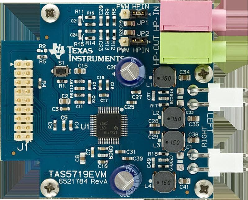 TAS5719EVM, evaluation module demonstrates the capabilities TAS5719PHP. The TAS5719 combines a 10W stereo class-D audio power amplifier with TI's patented Direct Path ground-centered HeadPhone