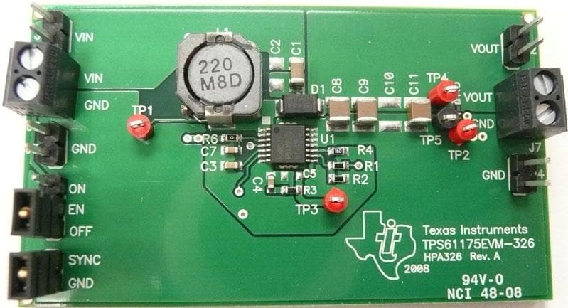 TPS61175EVM-326 facilitates evaluation of the TPS61175 3-A High Voltage Boost Converter IC