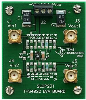 THS4022 dual high-speed operational amplifier evaluation module (EVM) is a complete dual high-speed amplifier circuit