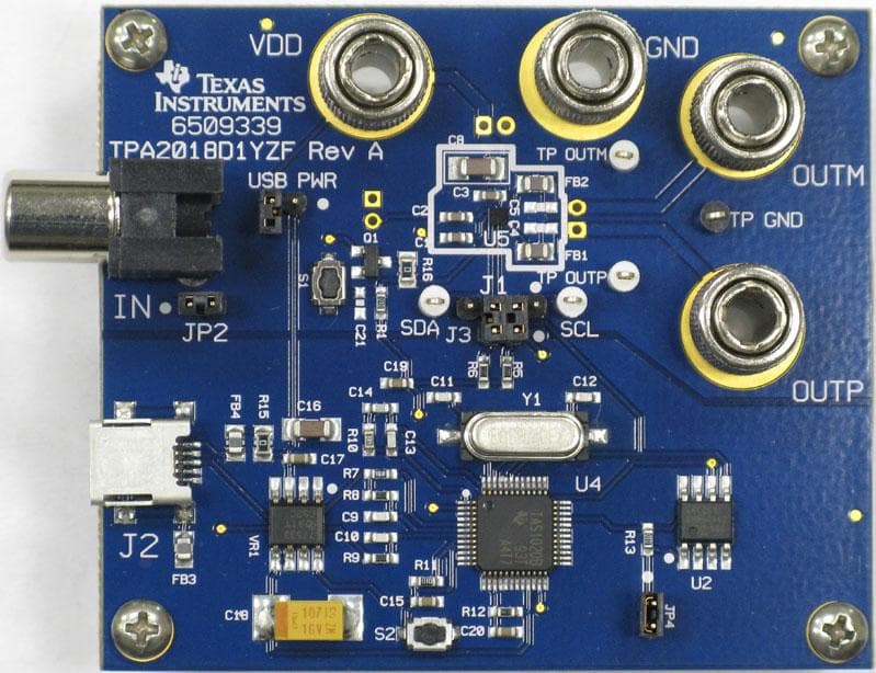 TPA2018D1YZFEVM, Mono, filter-free Class-D audio power amplifier with automatic gain control (AGC)