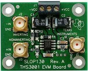 THS3001EVM, Evaluation board for featuring THS3001 high-speed current-feedback operational amplifier evaluation module is a complete high-speed amplifier circuit