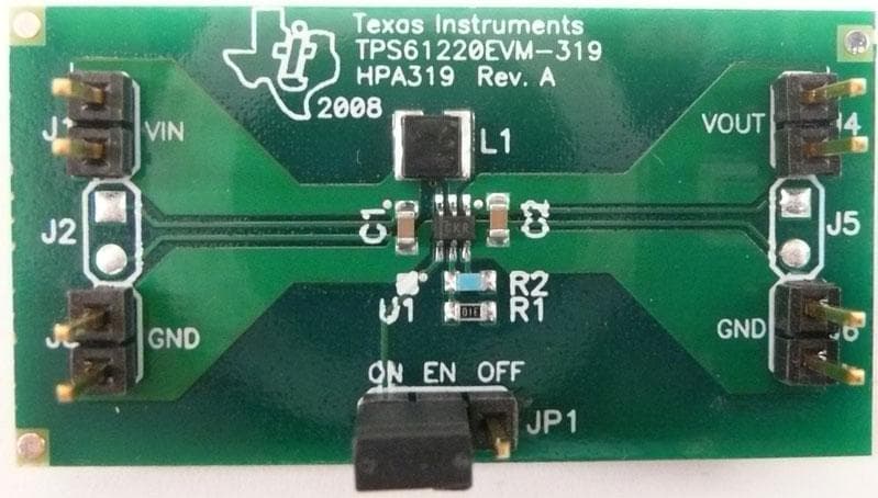 TPS61220EVM-319 facilitates evaluation of the TPS61220 low input voltage boost converter