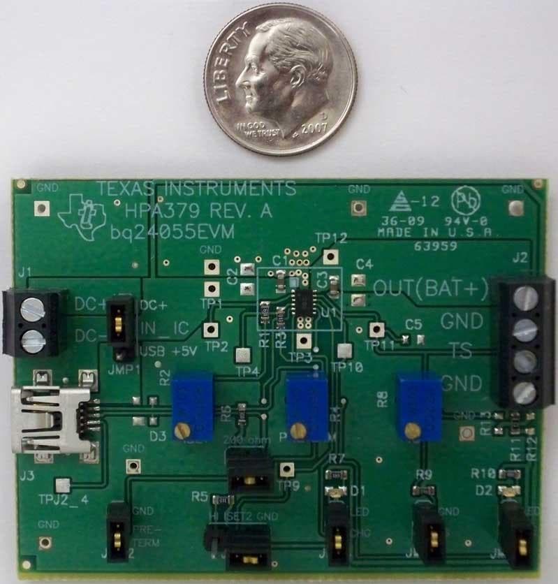 BQ24055EVM, 0.8-A, Single-Input, Single-Cell Li-Ion Battery Charger Evaluation Module