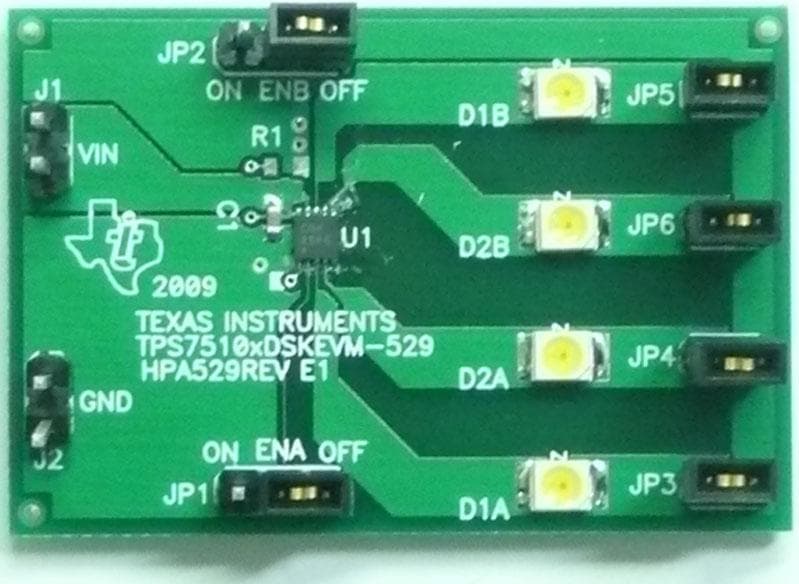 TPS75105DSKEVM-529 demonstrates the TPS75105 low-dropout, two-bank LED driver with PWM brightness control