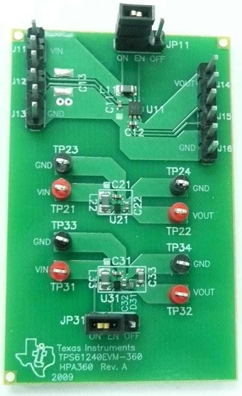 TPS61240EVM-360, Evaluation Board for the TPS61240 3.5-MHz, high-efficiency, synchronous step-up converter capable of supplying up to 450mA of output current