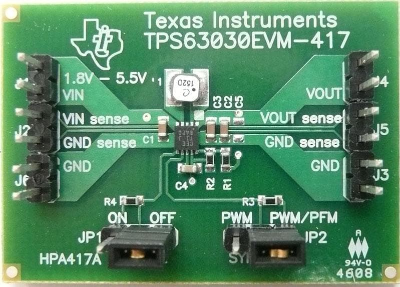 TPS63030EVM-417 facilitates evaluation of the TPS63030 High Efficient Single Inductor Buck-Boost Converter