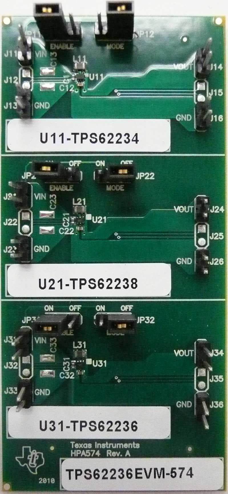 TPS62236EVM-574 demonstrates TPS62238 3-MHz, synchronous, step-down converter capable of supplying up to 500mA of output current