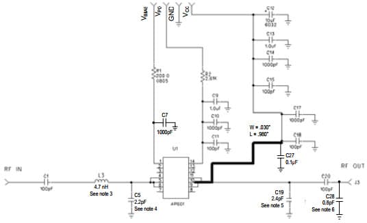 AP601-PCB1960, 1930-1990 MHz Evaluation Board based on AP601 High Dynamic Range 1.8W, 28V HBT Amplifier