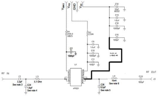 AP601-PCB900, 869-960 MHz Evaluation Board based on AP601 High Dynamic Range 1.8W, 28V HBT Amplifier