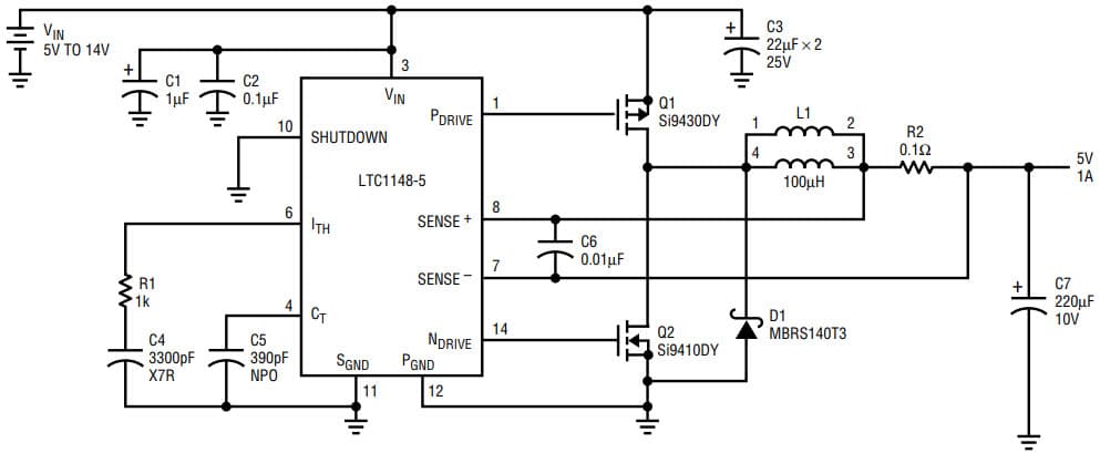 AN54, Application Circuit Using LTC1148 5-14 V, 5V/1A Buck Converter with Surface Mount Technology