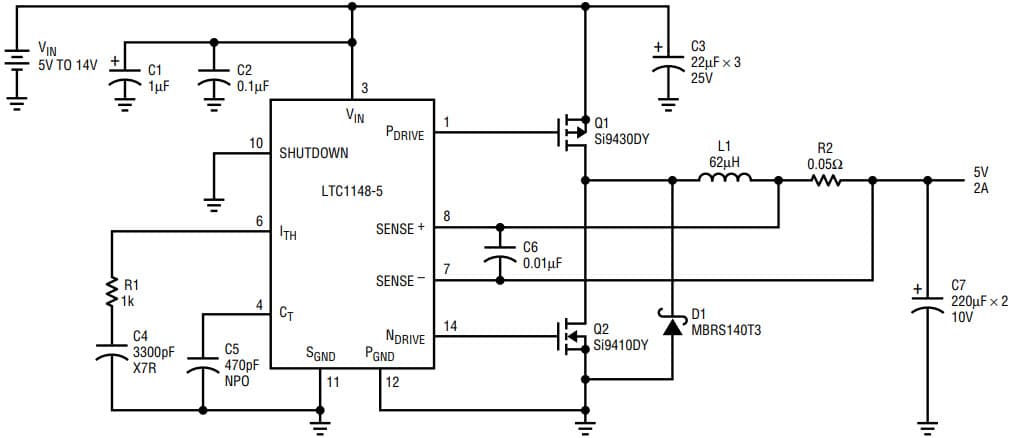 AN54, Application Circuit Using LTC1148 5-14 V, 5V/2A Buck Converter