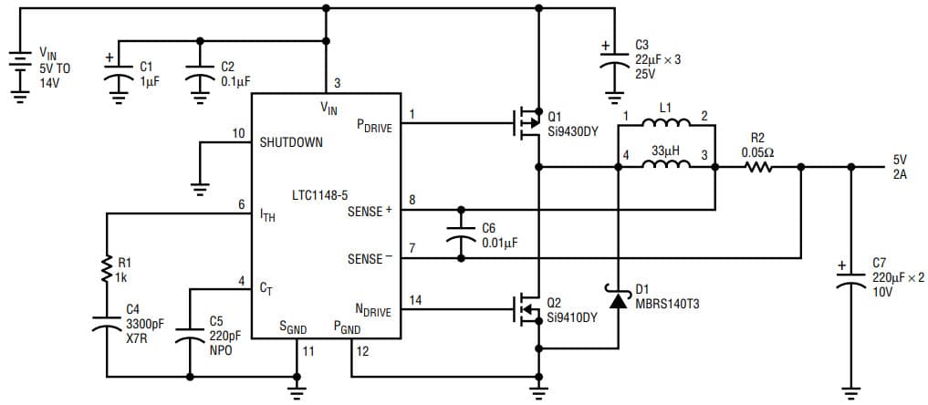 AN54, Application Circuit Using LTC1148 5-14 V, 5V/2A High Frequency Buck Converter with Surface Mount Technology