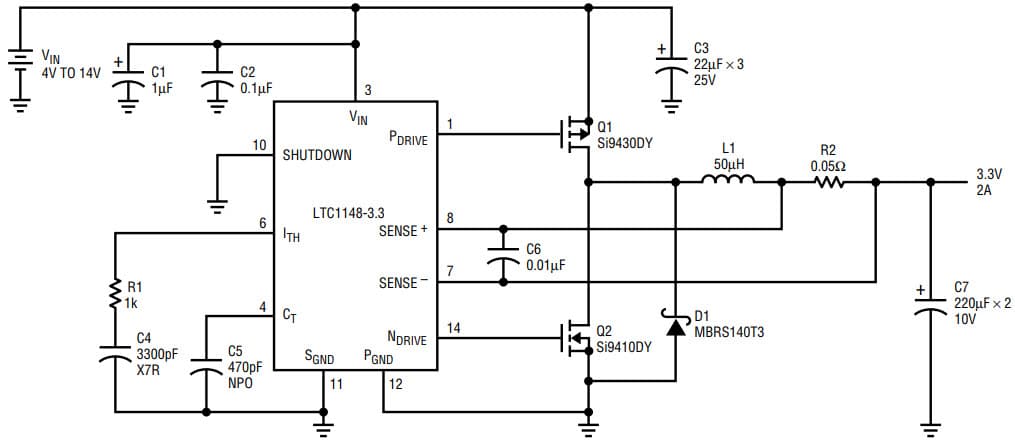 AN54, Application Circuit Using LTC1148 4-14 V, 3.3V/2A Buck Converter with Surface Mount Technology