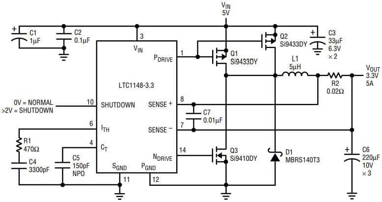 AN54, Application Circuit Using LTC1148 5V, 3.3V/5A High Efficiency Step-Down Converter