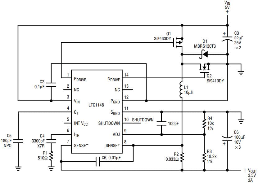 AN54, Application Circuit Using LTC1148 5V, 3.5V/3A High Efficiency Step-Down Converter