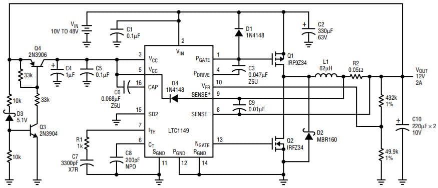 AN54, Application Circuit Using LTC1149 10-48 V, 12V/2A High Voltage Buck Converter