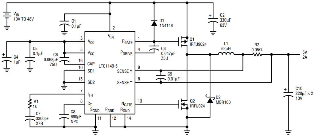 AN54, Application Circuit Using LTC1149 10-48 V, 5V/2A High Voltage Buck Converter