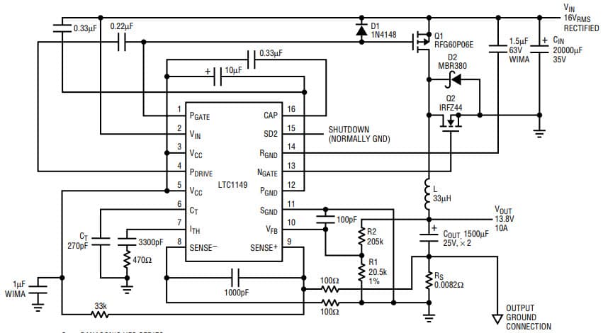 AN54, Application Circuit Using LTC1149 16 Vrms, 13.8V/10A) Buck Converter