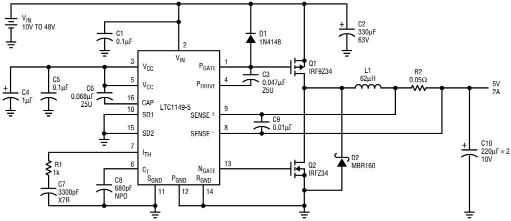 AN54, Application Circuit Using LTC1149 10-48 V, 5V/2A High Voltage Buck Converter with Large P-Channel, N-Channel MOSFETs